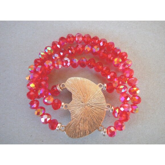 Vintage Red Beaded Moon Face Bracelet With Rhinestones & Gold-Tone Metal Accent - Picture 2 of 2